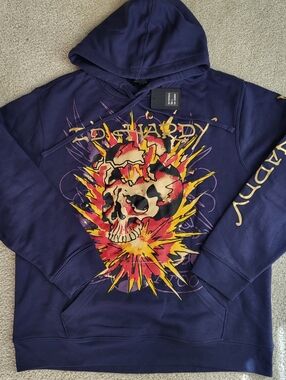 Ed Hardy Men's Blue Graphic Scull Hoodie Pullover size L NWT